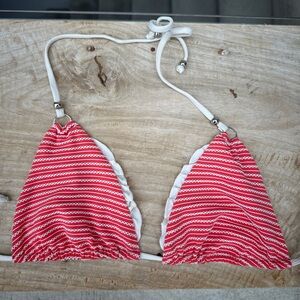 Vitamin A Red & White Striped Tie Bikini Top | Silver Ring Detail | Size M
